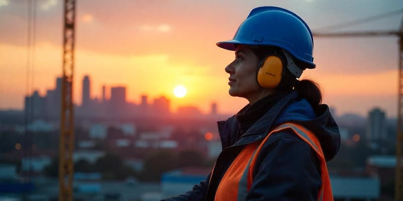 Female & male construction worker looking at construction site